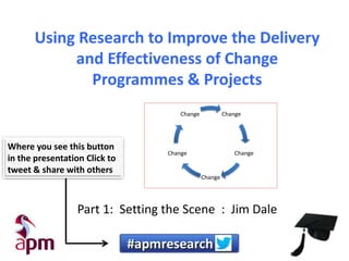 Using Research to Improve the Delivery
and Effectiveness of Change
Programmes & Projects
Change

Where you see this button
in the presentation Click to
tweet & share with others

Change

Change

Change

Change

Part 1: Setting the Scene : Jim Dale

 