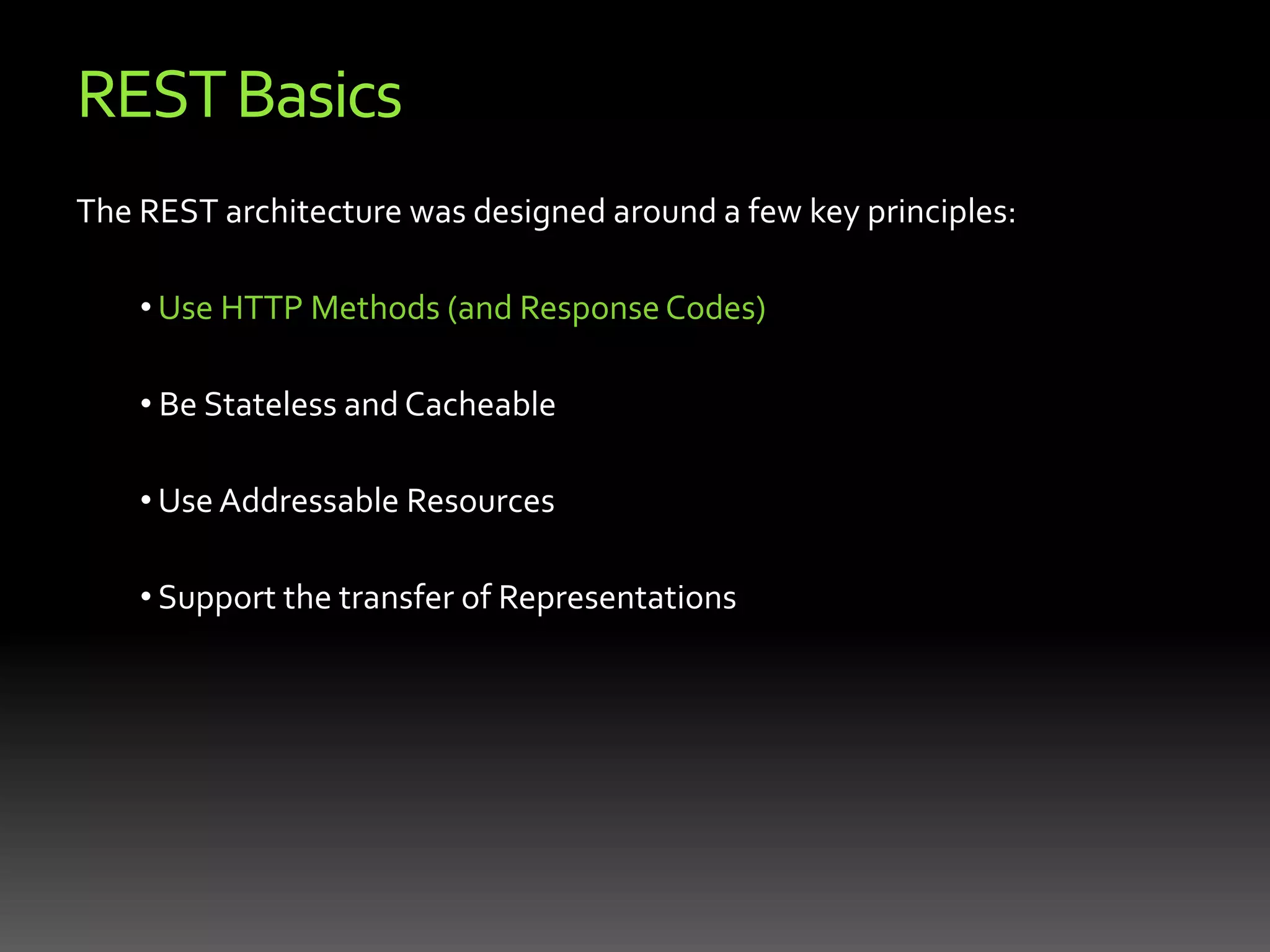 REST OverviewREST-style architectures consist of clients and servers. Requests and responses are built around the transfer of "representations" of "resources". A resource is any entity that can be addressed in a URI (an account, an employee, a physical file)A representation of a resource is any information that captures the current or intended state of a resource. All information necessary to process and complete a request is contained within it.