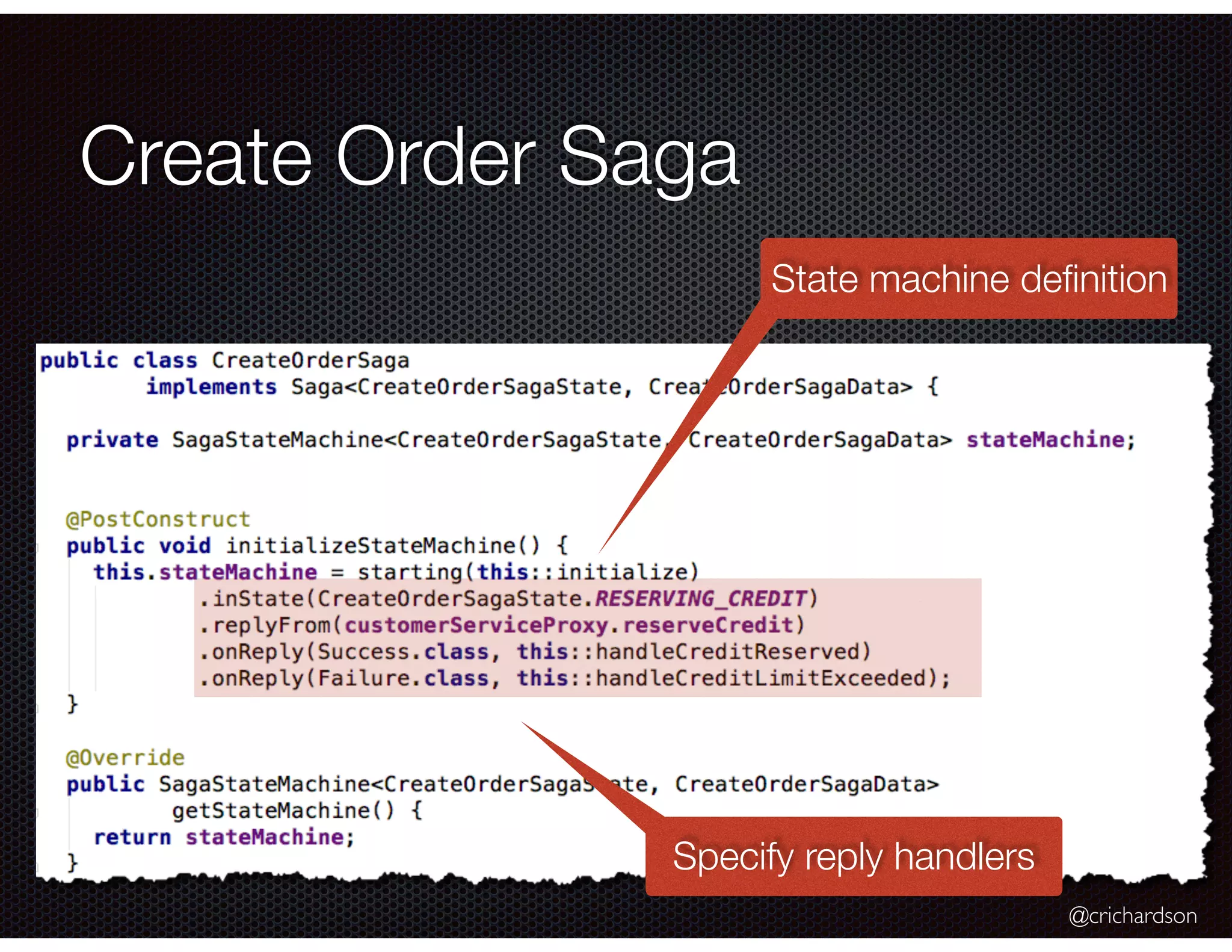 @crichardson Create Order Saga State machine deﬁnition Specify reply handlers 