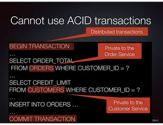 @crichardson
Cannot use ACID transactions
BEGIN TRANSACTION
…
SELECT ORDER_TOTAL
FROM ORDERS WHERE CUSTOMER_ID = ?
…
SELECT CREDIT_LIMIT
FROM CUSTOMERS WHERE CUSTOMER_ID = ?
…
INSERT INTO ORDERS …
…
COMMIT TRANSACTION
Private to the
Order Service
Private to the
Customer Service
Distributed transactions
 