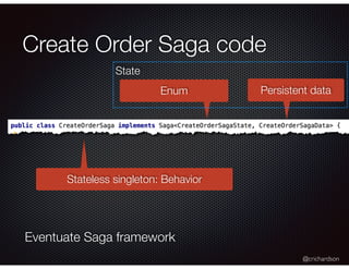 @crichardson
Create Order Saga code
Enum Persistent data
Stateless singleton: Behavior
Eventuate Saga framework
State
 