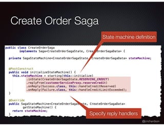 @crichardson
Create Order Saga
State machine deﬁnition
Specify reply handlers
 