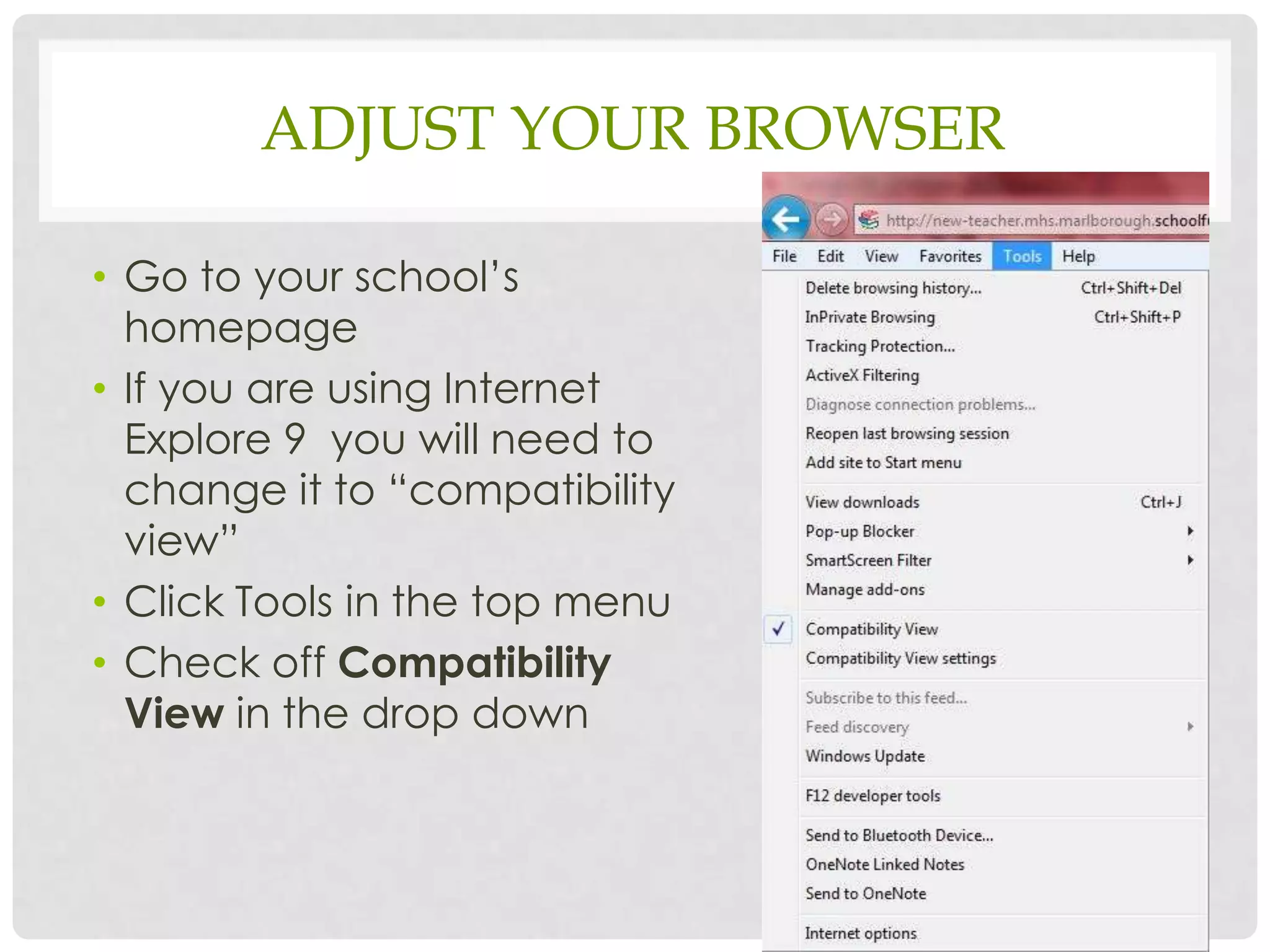 ADJUST YOUR BROWSER

• Go to your school’s
  homepage
• If you are using Internet
  Explore 9 you will need to
  change it to “compatibility
  view”
• Click Tools in the top menu
• Check off Compatibility
  View in the drop down
 