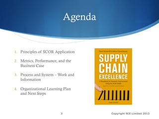 Agenda
1.  Principles of SCOR Application
2.  Metrics, Performance, and the
Business Case
3.  Process and System – Work and
Information
4.  Organizational Learning Plan
and Next Steps
Copyright SCE Limited 20133
 