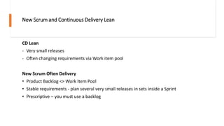 New Scrum and Continuous Delivery Lean
CD Lean
- Very small releases
- Often changing requirements via Work item pool
New Scrum Often Delivery
• Product Backlog <> Work Item Pool
• Stable requirements - plan several very small releases in sets inside a Sprint
• Prescriptive – you must use a backlog
 