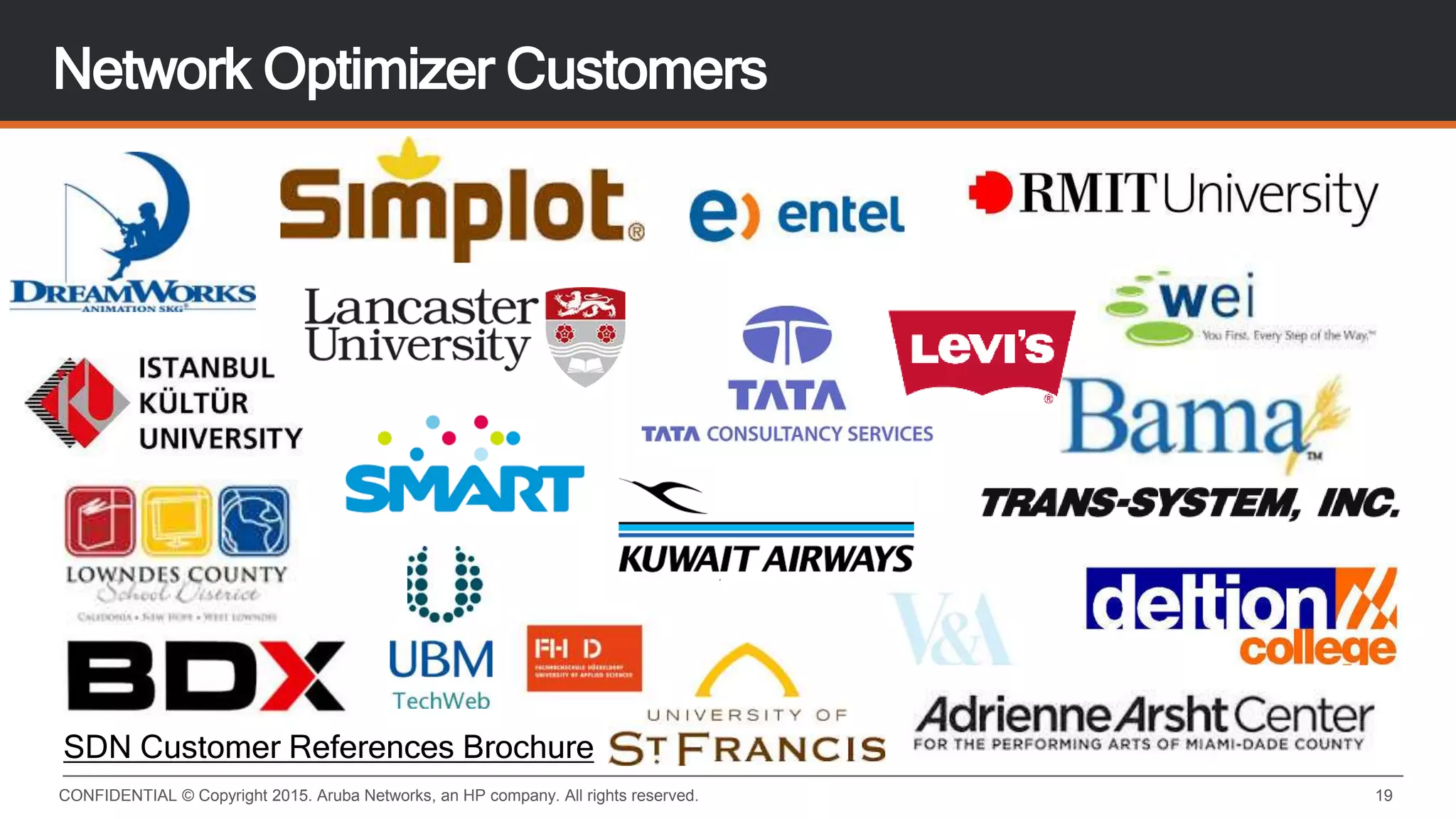 19CONFIDENTIAL © Copyright 2015. Aruba Networks, an HP company. All rights reserved.
Network Optimizer Customers
SDN Customer References Brochure
 