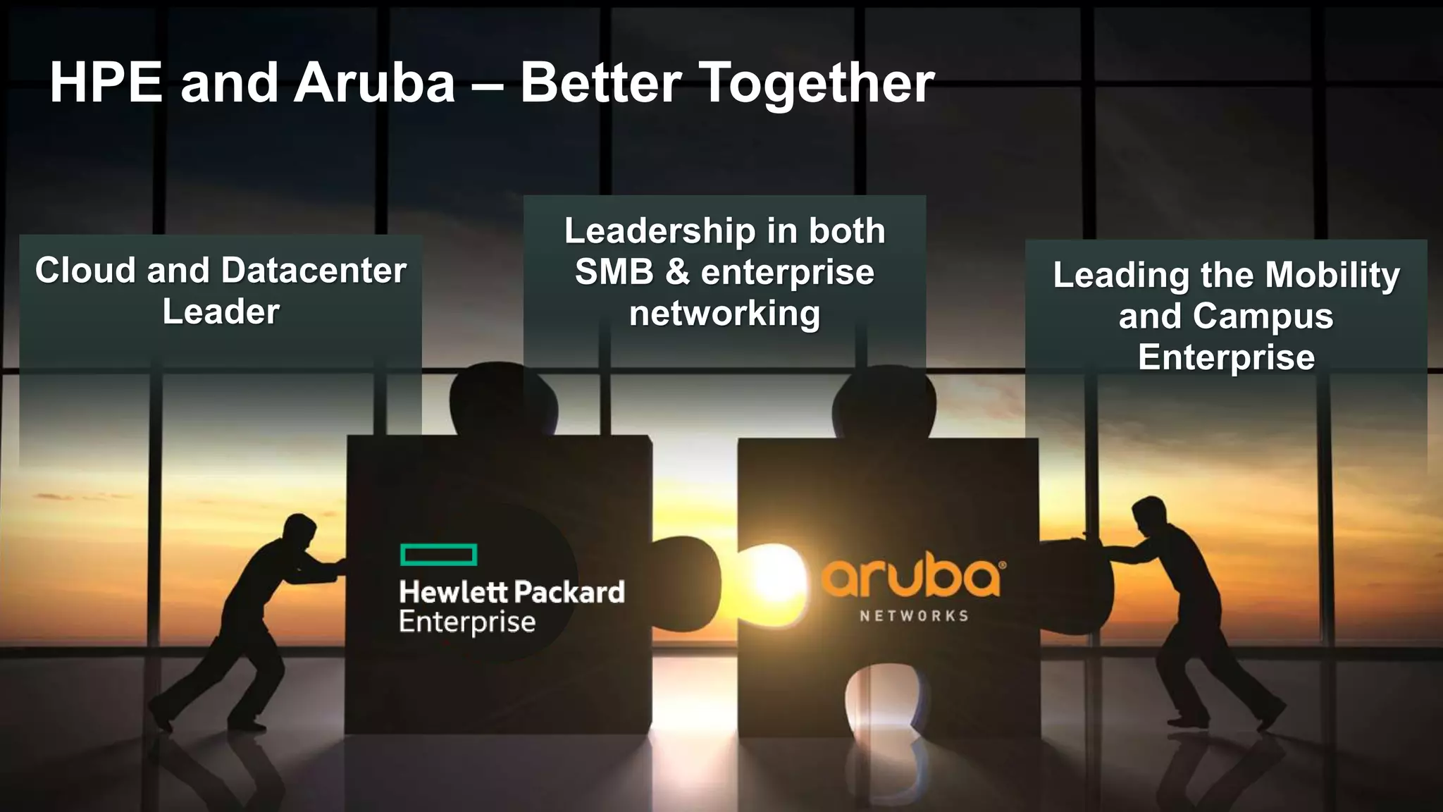 Cloud and Datacenter
Leader
Leadership in both
SMB & enterprise
networking
Leading the Mobility
and Campus
Enterprise
HPE and Aruba – Better Together
 