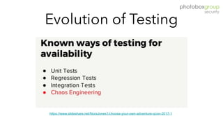 Evolution of Testing
https://www.slideshare.net/NoraJones1/choose-your-own-adventure-qcon-2017-1
 