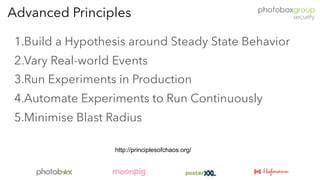 1.Build a Hypothesis around Steady State Behavior
2.Vary Real-world Events
3.Run Experiments in Production
4.Automate Experiments to Run Continuously
5.Minimise Blast Radius
Advanced Principles
http://principlesofchaos.org/
 