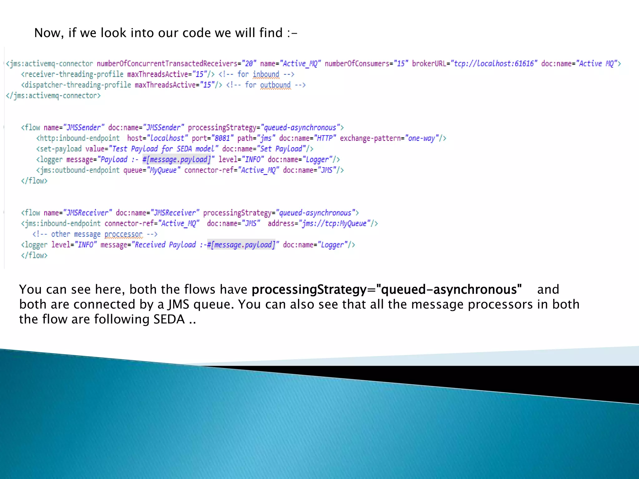 Now, if we look into our code we will find :-
You can see here, both the flows have processingStrategy="queued-asynchronous" and
both are connected by a JMS queue. You can also see that all the message processors in both
the flow are following SEDA ..
 