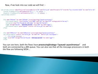 Now, if we look into our code we will find :-
You can see here, both the flows have processingStrategy="queued-asynchronous" and
both are connected by a JMS queue. You can also see that all the message processors in both
the flow are following SEDA ..
 