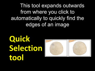 This tool expands outwards
    from where you click to
automatically to quickly find the
       edges of an image

Quick
Selection
tool
 
