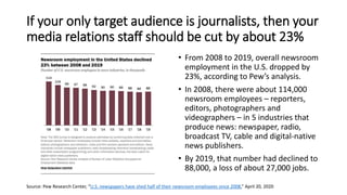 If your only target audience is journalists, then your
media relations staff should be cut by about 23%
• From 2008 to 2019, overall newsroom
employment in the U.S. dropped by
23%, according to Pew’s analysis.
• In 2008, there were about 114,000
newsroom employees – reporters,
editors, photographers and
videographers – in 5 industries that
produce news: newspaper, radio,
broadcast TV, cable and digital-native
news publishers.
• By 2019, that number had declined to
88,000, a loss of about 27,000 jobs.
Source: Pew Research Center, “U.S. newspapers have shed half of their newsroom employees since 2008,” April 20, 2020
 