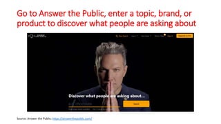 Go to Answer the Public, enter a topic, brand, or
product to discover what people are asking about
Source: Answer the Public: https://answerthepublic.com/
 