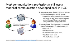 Most communications professionals still use a
model of communication developed back in 1939
• Harold Lasswell developed this model
at the beginning of World War II.
• As Chief of the Experimental Division for
the Study of War Time Communications
at the Library of Congress, Lasswell
analyzed German propaganda films.
• Lasswell said five elements impacted
the effectiveness of communication:
• Who said it?
• What was said?
• In which channel was it said?
• To whom was it said?
• What effect did it have?
Source: Greg Jarboe, YouTube and Video Marketing: An Hour a Day, Second Edition, November 2011
 