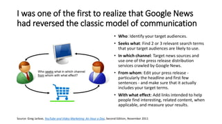I was one of the first to realize that Google News
had reversed the classic model of communication
• Who: Identify your target audiences.
• Seeks what: Find 2 or 3 relevant search terms
that your target audiences are likely to use.
• In which channel: Target news sources and
use one of the press release distribution
services crawled by Google News.
• From whom: Edit your press release -
particularly the headline and first few
sentences - and make sure that it actually
includes your target terms.
• With what effect: Add links intended to help
people find interesting, related content, when
applicable, and measure your results.
Source: Greg Jarboe, YouTube and Video Marketing: An Hour a Day, Second Edition, November 2011
 