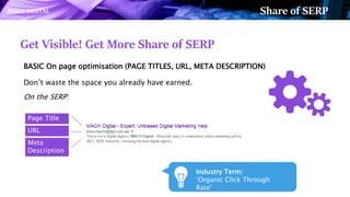 Get Visible! Get More Share of SERP
BASIC On page optimisation (PAGE TITLES, URL, META DESCRIPTION)
Don’t waste the space ...