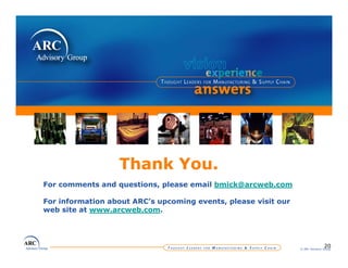 Thank You.
For comments and questions please email bmick@arcweb com
                 questions,             bmick@arcweb.com

For information about ARC’s upcoming events, please visit our
web site at www.arcweb.com.




                                                                               20
                                                                © ARC Advisory Group
 