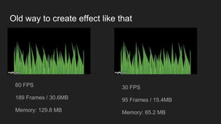 Old way to create effect like that
60 FPS
189 Frames / 30.6MB
Memory: 129.8 MB
30 FPS
95 Frames / 15.4MB
Memory: 65.2 MB
 