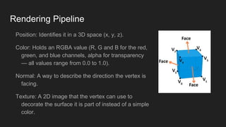 Rendering Pipeline
Position: Identifies it in a 3D space (x, y, z).
Color: Holds an RGBA value (R, G and B for the red,
green, and blue channels, alpha for transparency
— all values range from 0.0 to 1.0).
Normal: A way to describe the direction the vertex is
facing.
Texture: A 2D image that the vertex can use to
decorate the surface it is part of instead of a simple
color.
 