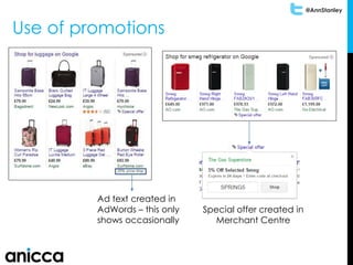 @AnnStanley
Use of promotions
Ad text created in
AdWords – this only
shows occasionally
Special offer created in
Merchant Centre
 