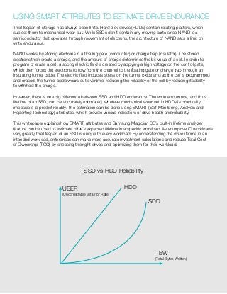 The lifespan of storage has always been finite. Hard disk drives (HDDs) contain rotating platters, which
subject them to mechanical wear out. While SSDs don’t contain any moving parts since NAND is a
semiconductor that operates through movement of electrons, the architecture of NAND sets a limit on
write endurance.
NAND works by storing electrons in a floating gate (conductor) or charge trap (insulator). The stored
electrons then create a charge, and the amount of charge determines the bit value of a cell. In order to
program or erase a cell, a strong electric field is created by applying a high voltage on the control gate,
which then forces the electrons to flow from the channel to the floating gate or charge trap through an
insulating tunnel oxide. The electric field induces stress on the tunnel oxide and as the cell is programmed
and erased, the tunnel oxide wears out overtime, reducing the reliability of the cell by reducing its ability
to withhold the charge.
However, there is one big difference between SSD and HDD endurance. The write endurance, and thus
lifetime of an SSD, can be accurately estimated, whereas mechanical wear out in HDDs is practically
impossible to predict reliably. The estimation can be done using SMART (Self-Monitoring, Analysis and
Reporting Technology) attributes, which provide various indicators of drive health and reliability.
This whitepaper explains how SMART attributes and Samsung Magician DC’s built-in lifetime analyzer
feature can be used to estimate drive’s expected lifetime in a specific workload. As enterprise IO workloads
vary greatly, the lifespan of an SSD is unique to every workload. By understanding the drive lifetime in an
intended workload, enterprises can make more accurate investment calculations and reduce Total Cost
of Ownership (TCO) by choosing the right drives and optimizing them for their workload.
Using SMART Attributes to Estimate Drive Endurance
UBER
(Uncorrectable Bit Error Rate)
HDD
SDD
TBW
(Total Bytes Written)
SSD vs HDD Reliability
 