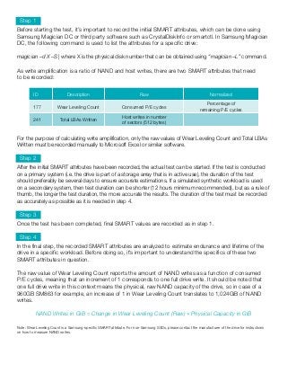 Step 1
Before starting the test, it’s important to record the initial SMART attributes, which can be done using
Samsung Magician DC or third party software such as CrystalDiskInfo or smartctl. In Samsung Magician
DC, the following command is used to list the attributes for a specific drive:
magician –d X –S | where X is the physical disk number that can be obtained using “magician –L” command.
As write amplification is a ratio of NAND and host writes, there are two SMART attributes that need
to be recorded:
For the purpose of calculating write amplification, only the raw values of Wear Leveling Count and Total LBAs
Written must be recorded manually to Microsoft Excel or similar software.
Step 2
After the initial SMART attributes have been recorded, the actual test can be started. If the test is conducted
on a primary system (i.e. the drive is part of a storage array that is in active use), the duration of the test
should preferably be several days to ensure accurate estimations. If a simulated synthetic workload is used
on a secondary system, then test duration can be shorter (12 hours minimum recommended), but as a rule of
thumb, the longer the test duration, the more accurate the results. The duration of the test must be recorded
as accurately as possible as it is needed in step 4.
Step 3
Once the test has been completed, final SMART values are recorded as in step 1.
Step 4
In the final step, the recorded SMART attributes are analyzed to estimate endurance and lifetime of the
drive in a specific workload. Before doing so, it’s important to understand the specifics of these two
SMART attributes in question.
The raw value of Wear Leveling Count reports the amount of NAND writes as a function of consumed
P/E cycles, meaning that an increment of 1 corresponds to one full drive write. It should be noted that
one full drive write in this context means the physical, raw NAND capacity of the drive, so in case of a
960GB SM863 for example, an increase of 1 in Wear Leveling Count translates to 1,024GiB of NAND
writes.
NAND Writes in GiB = Change in Wear Leveling Count (Raw) * Physical Capacity in GiB
Note: Wear Leveling Count is a Samsung-specific SMART attribute. For non-Samsung SSDs, please contact the manufacturer of the drive for instructions
on how to measure NAND writes.
ID Description Raw Normalized
177 Wear Leveling Count Consumed P/E cycles
Percentage of
remaining P/E cycles
241 Total LBAs Written
Host writes in number
of sectors (512 bytes)
 
