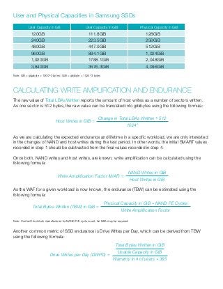 The raw value of Total LBAs Written reports the amount of host writes as a number of sectors written.
As one sector is 512 bytes, the raw value can be translated into gibibytes using the following formula:
As we are calculating the expected endurance and lifetime in a specific workload, we are only interested
in the changes of NAND and host writes during the test period. In other words, the initial SMART values
recorded in step 1 should be subtracted from the final values recorded in step 4.
Once both, NAND writes and host writes, are known, write amplification can be calculated using the
following formula:
As the WAF for a given workload is now known, the endurance (TBW) can be estimated using the
following formula:
Note: Contact the drive’s manufacturer for NAND P/E cycle count. An NDA may be required.
Another common metric of SSD endurance is Drive Writes per Day, which can be derived from TBW
using the following formula:
Note: GB = gigabyte = 1000^3 bytes | GiB = gibibyte = 1024^3 bytes
User Capacity in GB User Capacity in GiB Physical Capacity in GiB
120GB 111.8GiB 128GiB
240GB 223.5GiB 256GiB
480GB 447.0GiB 512GiB
960GB 894.1GiB 1,024GiB
1,920GB 1788.1GiB 2,048GiB
3,840GB 3576.3GiB 4,096GiB
Write Amplification Factor (WAF) =
NAND Writes in GiB
Host Writes in GiB
Host Writes in GiB =
Change in Total LBAs Written * 512
10243
Total Bytes Written (TBW) in GiB =
Physical Capacity in GiB * NAND PE Cycles
Write Amplification Factor
Drive Writes per Day (DWPD) =
Total Bytes Written in GiB
Usable Capacity in GiB
Warranty in # of years * 365
User and Physical Capacities in Samsung SSDs
Calculating Write Amplification and endurance
 