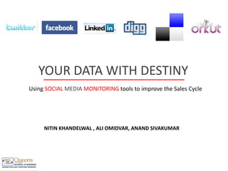 YOUR DATA WITH DESTINY Using SOCIALMEDIAMONITORING tools to improve the Sales Cycle NITIN KHANDELWAL , ALI OMIDVAR, ANAND SIVAKUMAR 