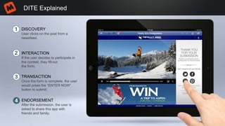 DITE Explained
DISCOVERY
INTERACTION
TRANSACTION
ENDORSEMENT
User clicks on the post from a
newsfeed.
If the user decides to participate in
the contest, they fill-out
the form.
Once the form is complete, the user
would press the “ENTER NOW”
button to submit.
After the submission, the user is
asked to share this app with
friends and family.
 