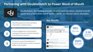 16
#CX
Partnering with DoubleDutch to Power Word of Mouth
Identified potential event attendees
interested in relevant topics.1
Custom engagement and activation
campaigns focused on booth incentives
and educational sessions.
2
3
Key Results
DoubleDutch, the leading provider of event tech solutions, wanted to build
awareness around their event booth – IMEX– to relevant event attendees.
Drove buzz around DoubleDutch’s
presence at the event as well as relevant
traffic to their booth.
98%
like rate
3.5K
expanded
impressions
560%
click rate
(clicks/tweets)
 
