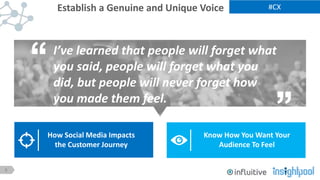 5
#CX
How Social Media Impacts
the Customer Journey
Know How You Want Your
Audience To Feel
Establish a Genuine and Unique Voice
I’ve learned that people will forget what
you said, people will forget what you
did, but people will never forget how
you made them feel.
 