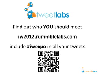 Find out who YOU should meet
   iw2012.rummblelabs.com
include #iwexpo in all your tweets
 