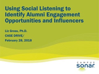 Using Social Listening to
Identify Alumni Engagement
Opportunities and Influencers
Liz Gross, Ph.D.
CASE DRIVE/
February 28, 2018
 