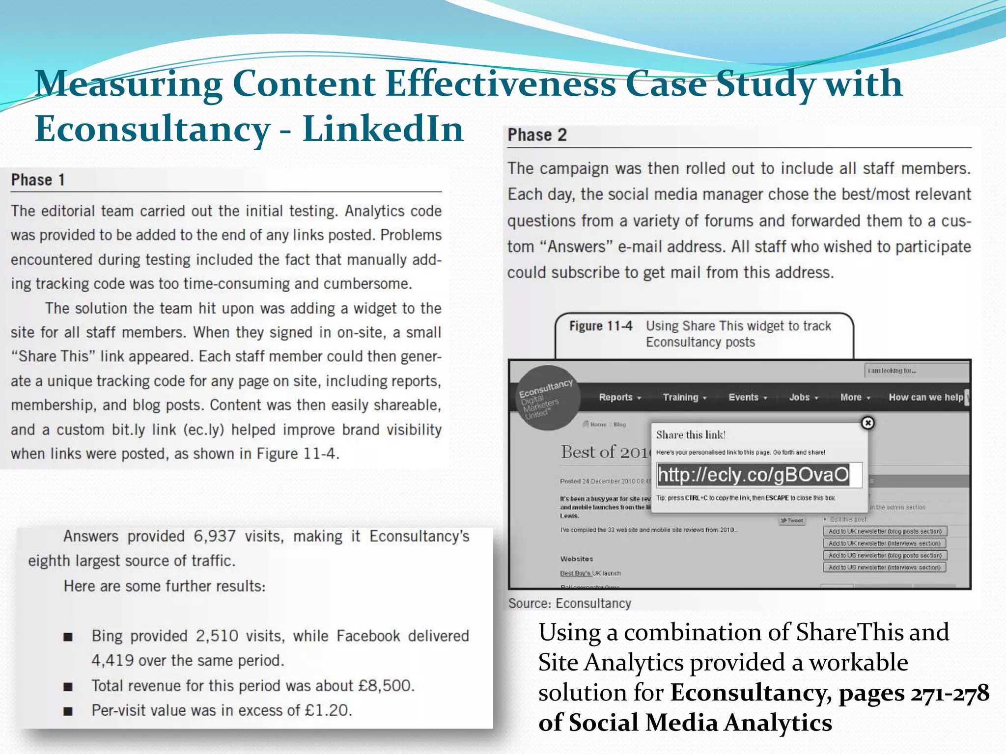 Measuring Content Effectiveness Case Study with Econsultancy - LinkedInUsing a combination of ShareThis and Site Analytics provided a workable solution for Econsultancy, pages 271-278 of Social Media Analytics