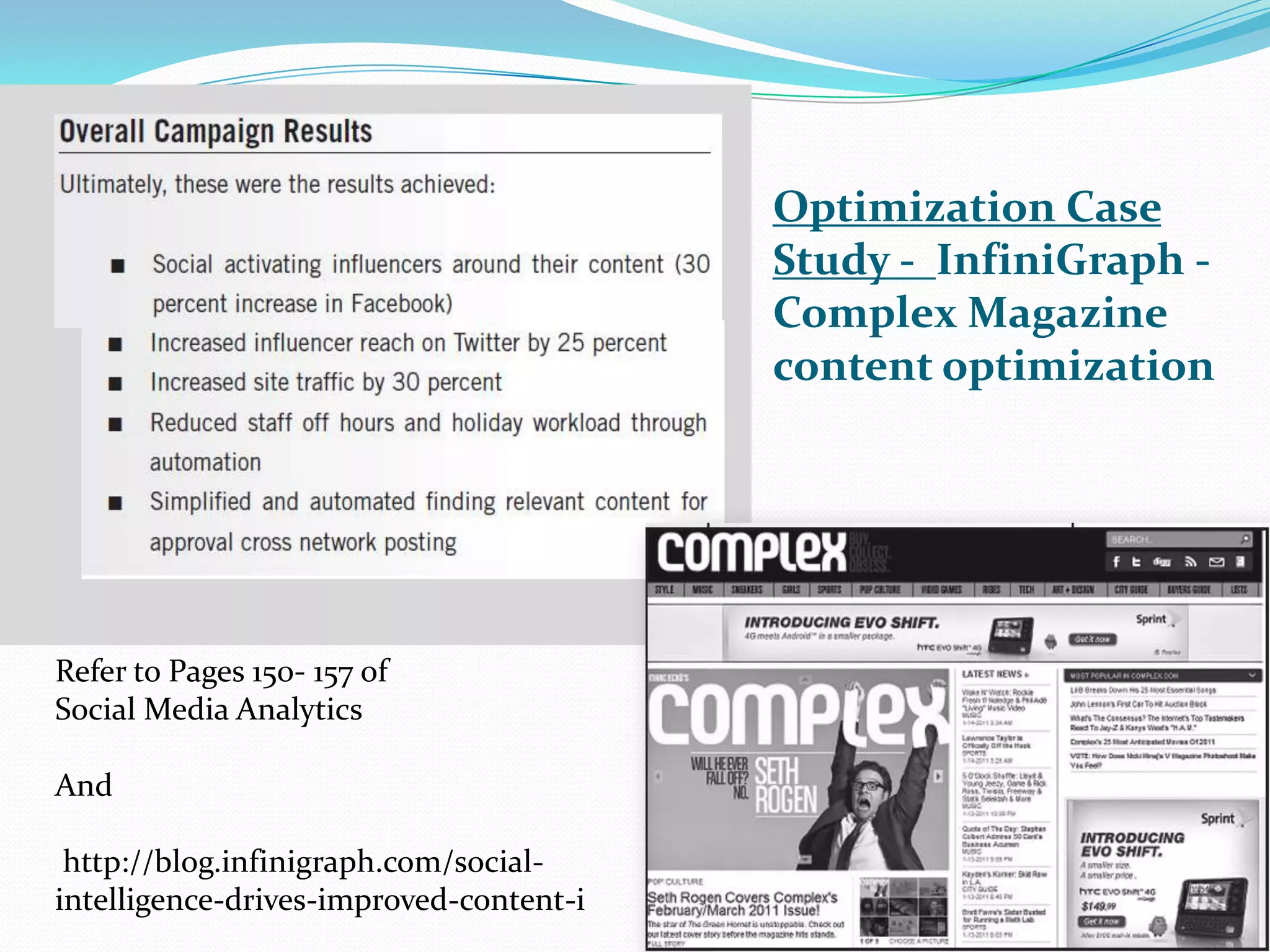 Optimization Case Study -  InfiniGraph - Complex Magazine content optimizationRefer to Pages 150- 157 of Social Media AnalyticsAnd http://blog.infinigraph.com/social-intelligence-drives-improved-content-i