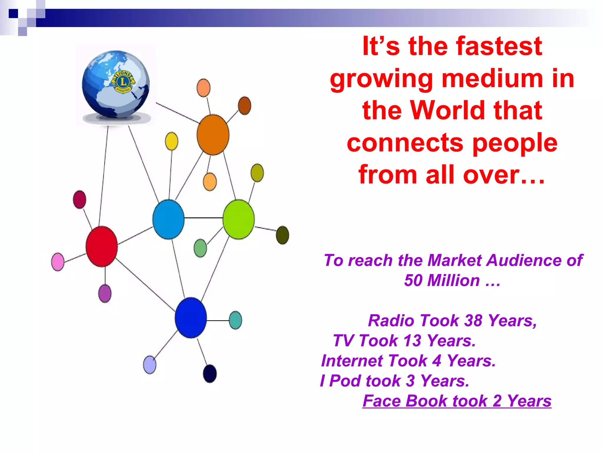 It’s the fastest
 growing medium in
   the World that
  connects people
   from all over…


To reach the Market Audience of
          50 Million …

       Radio Took 38 Years,
  TV Took 13 Years.
Internet Took 4 Years.
I Pod took 3 Years.
      Face Book took 2 Years
 