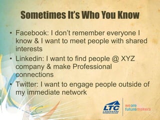 Sometimes It’s Who You Know Facebook: I don’t remember everyone I know & I want to meet people with shared interests Linkedin: I want to find people @ XYZ company & make Professional connections Twitter: I want to engage people outside of my immediate network 