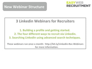 New Webinar Structure


        3 Linkedin Webinars for Recruiters

           1. Building a profile and getting started.
      2. The four different ways to recruit via Linkedin.
  3. Searching Linkedin using advanced search techniques.

 These webinars run once a month: http://bit.ly/Linkedin-Rec-Webinars
                          for more information.
 