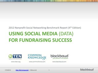 2012 Nonprofit Social Networking Benchmark Report (4th Edition)

USING SOCIAL MEDIA (DATA)
FOR FUNDRAISING SUCCESS

1/16/2014

http://bit.ly/npsocial | #bbsocial

1

 