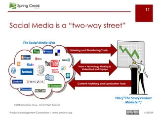 11



Social Media is a “two-way street”

            The Social Media Web

                                                        Listening and Monitoring Tools




                                                               Team + Technology Working to
                                                                  Understand and Engage
                                           Answers




                                                              Content Publishing and Syndication Tools




                                                                                              YOU [“The Savvy Product
                                                                                                    Marketer”]
   © 2009 Spring Creek Group, Content Rights Reserved



Product Management Consortium | www.pmcnw.org                                                                   6/30/09
 