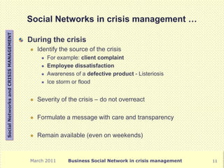 Social Networks in crisis management …
Social Networks and CRISIS MANAGEMENT




                                        During the crisis
                                           Identify the source of the crisis
                                                For example: client complaint
                                                Employee dissatisfaction
                                                Awareness of a defective product - Listeriosis
                                                Ice storm or flood


                                           Severity of the crisis – do not overreact

                                           Formulate a message with care and transparency

                                           Remain available (even on weekends)



                                        March 2011       Business Social Network in crisis management   11
 