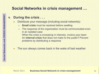 Social Networks in crisis management …
Social Networks and CRISIS MANAGEMENT




                                        During the crisis . . .
                                           Distribute your message (including social networks)
                                               Small crisis must be resolved before swelling
                                               The response of the organization must be communicated even
                                                in an isolated case
                                                When the crisis is increasing in intensity, involve your team
                                                An internal crisis that does not make to the public? Prevent
                                                problems by distributing a response


                                           The sun always comes back in the wake of bad weather




                                        March 2011     Business Social Network in crisis management             12
 