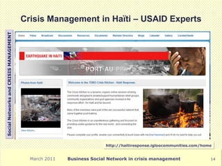 Crisis Management in Haïti – USAID Experts
Social Networks and CRISIS MANAGEMENT




                                                                     http://haitiresponse.igloocommunities.com/home


                                          March 2011   Business Social Network in crisis management               14
 
