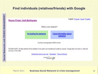 Find individuals (relatives/friends) with Google
Social Networks and CRISIS MANAGEMENT




                                        March 2011   Business Social Network in crisis management   15
 