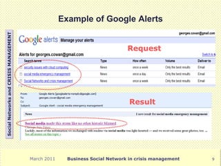 Example of Google Alerts
Social Networks and CRISIS MANAGEMENT




                                                                              Request




                                                                               Result




                                        March 2011     Business Social Network in crisis management   9
 