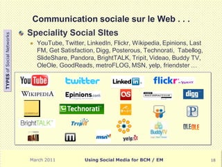 Communication sociale sur le Web . . .
                           Speciality Social SItes
TYPES of Social Networks




                              YouTube, Twitter, LinkedIn, Flickr, Wikipedia, Epinions, Last
                               FM, Get Satisfaction, Digg, Posterous, Technorati, Tabellog,
                               SlideShare, Pandora, BrightTALK, Tripit, Videao, Buddy TV,
                               OleOle, GoodReads, metroFLOG, MSN, yelp, friendster …




                           March 2011           Using Social Media for BCM / EM                18
 