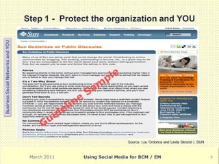Step 1 - Protect the organization and YOU
Business Social Networks and YOU




                                                                  Source: Lou Ordorica and Linda Skrocki | .SUN



                                    March 2011   Using Social Media for BCM / EM                                  7
 