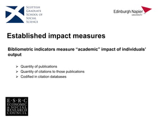 Established impact measures
Bibliometric indicators measure “academic” impact of individuals’
output
 Quantity of publications
 Quantity of citations to those publications
 Codified in citation databases
 