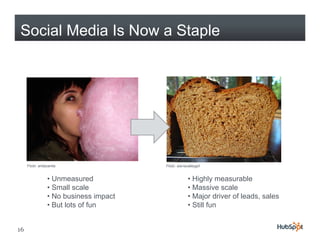 Social Media Is Now a Staple




     Flickr: anitacanita                 Flickr: sierravalleygirl


                  • Unmeasured                          • Highly measurable
                  • Small scale                         • Massive scale
                  • No business impact                  • Major driver of leads, sales
                  • But lots of fun                     • Still fun


16
 